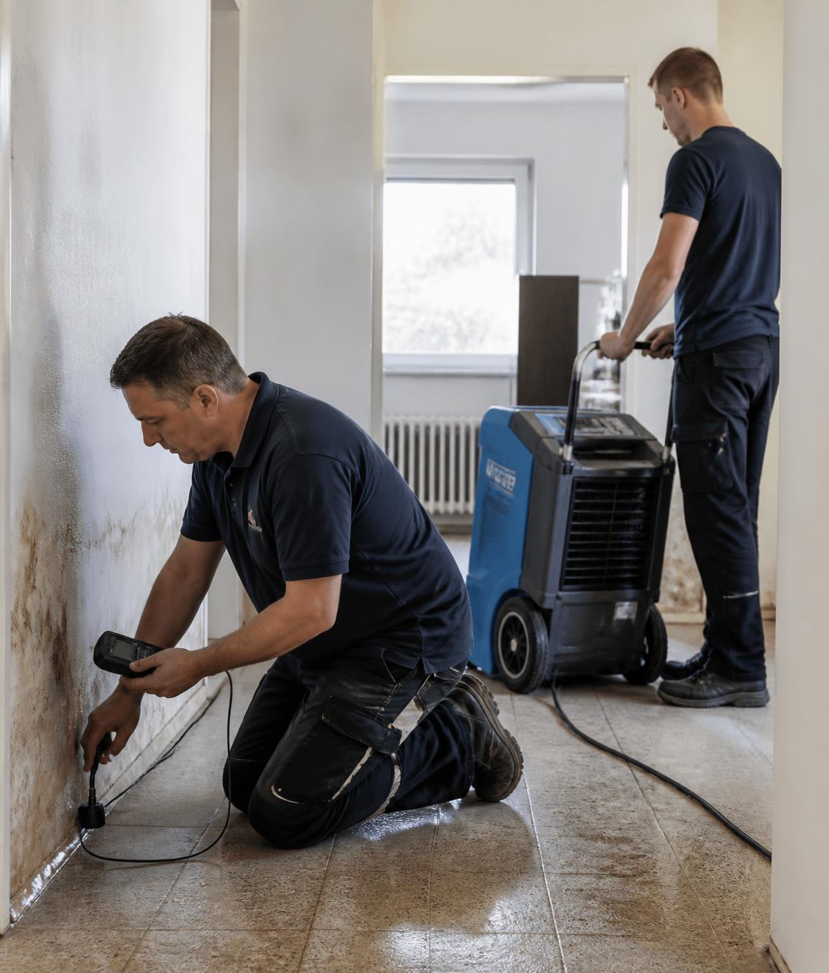 Zwei Mitarbeiter von Rieger Trocknung bei Feuchtemessung und Trocknung in einer Wohnung